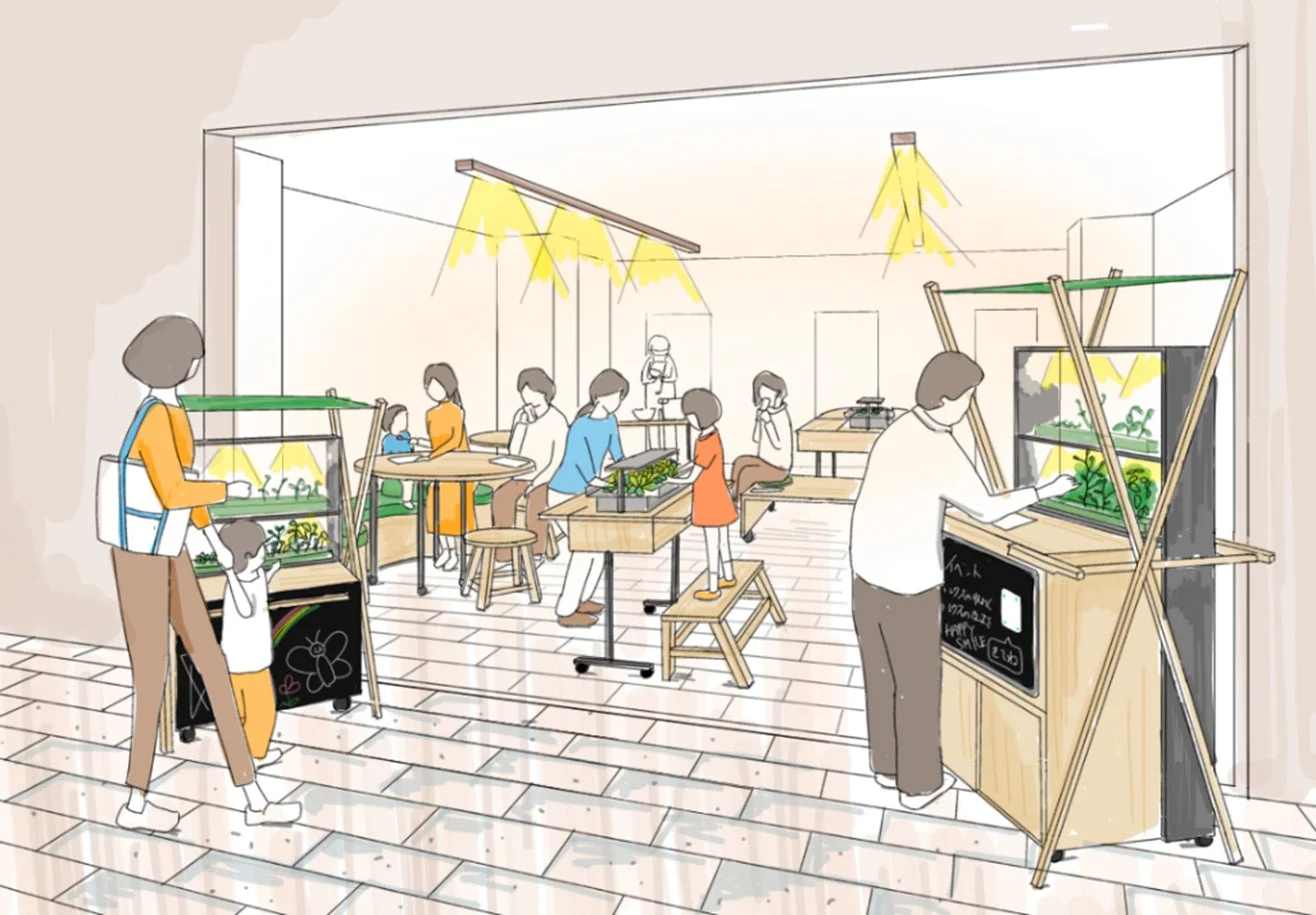 街中植物工場での植物栽培と交流のイラスト