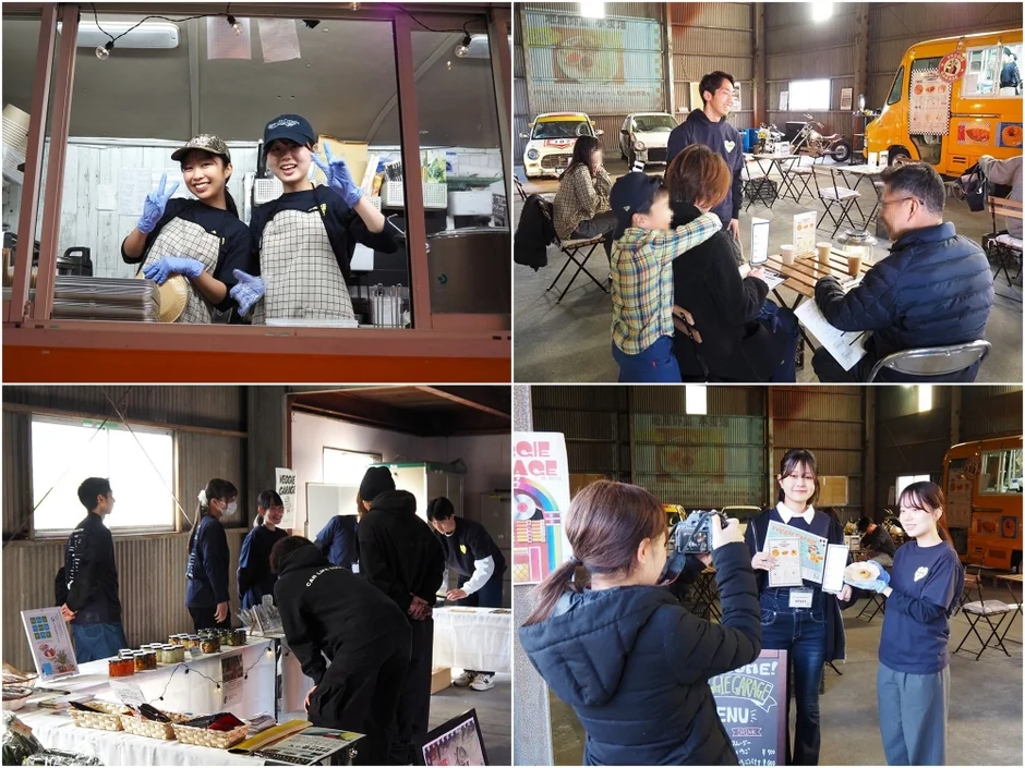 ガレージのような広い空間で開催されているイベントの様子。フードトラックや様々な出店があり、多くの人々が飲食や買い物を楽しんでいる。スタッフは笑顔で接客しており、活気あふれる雰囲気。