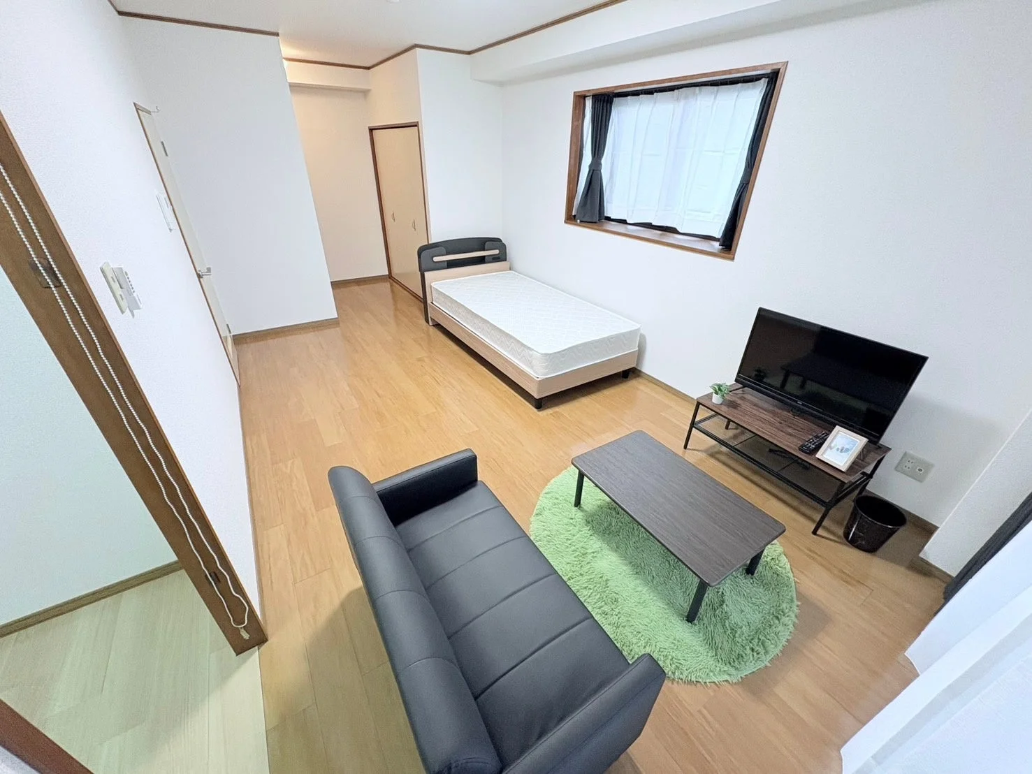 明るい光が差し込むワンルームの部屋。シングルベッド、黒いソファ、テレビ、木製のローテーブルが配置されており、フローリングと白い壁が清潔感のあるモダンな空間を演出しています。緑色のラグがアクセントになっています。