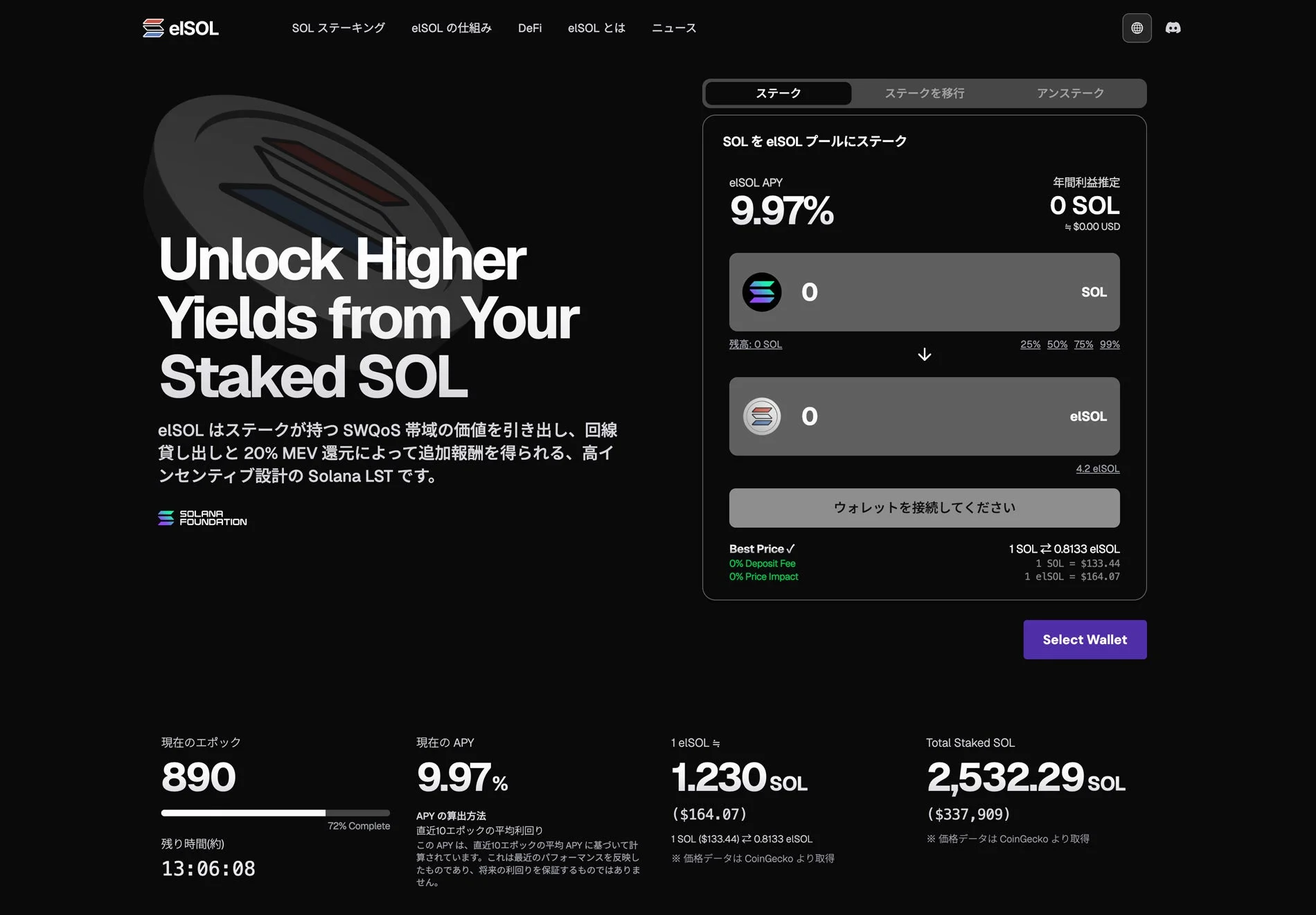 elSOL SOL ステーキング elSOL の仕組み DeFi elSOL とは ニュース Unlock Higher Yields from Your Staked SOL elSOL はステークが持つ SWQoS 帯域の価値を引き出し、回線貸し出しと 20% MEV 還元によって追加報酬を得られる、高インセンティブ設計の Solana LST です。 SOLANA FOUNDATION ステーク ステークを移行 アンステーク SOL を elSOL プールにステーク elSOL APY 9.97% 年間利益推定 0 SOL ≒ $0.00 USD SOL 残高: 0 SOL 25% 50% 75% 99% elSOL 4.2 elSOL ウォレットを接続してください Best Price ✓ 0% Deposit Fee 0% Price Impact 1 SOL ≒ 0.8133 elSOL 1 SOL = $133.44 1 elSOL = $164.07 Select Wallet 現在のエポック 890 現在の APY 9.97% 残り時間(約) 13:06:08 72% Complete APY の算出方法 直近10エポックの平均利回り この APY は、直近10エポックの平均 APY に基づいて計算されています。これは最近のパフォーマンスを反映したものであり、将来の利回りを保証するものではありません。 1 elSOL ≒ 1.230 SOL ($164.07) 1 SOL ≒ 0.8133 elSOL ※価格データは CoinGecko より取得 Total Staked SOL 2,532.29 SOL ($337,909) ※価格データは CoinGecko より取得