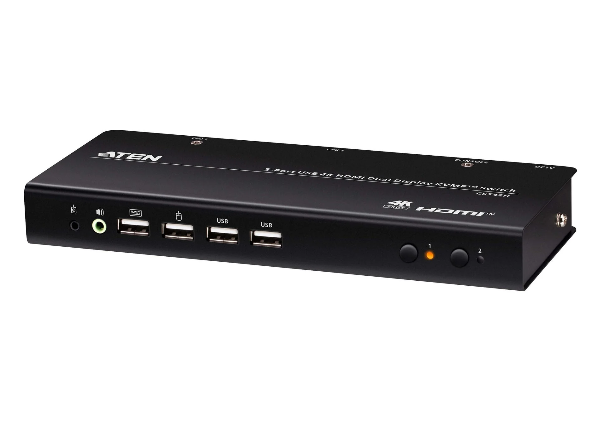 ATEN製の黒い2ポートUSB 4K HDMIデュアルディスプレイKVMPスイッチ「CS742H」