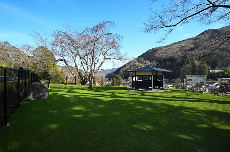 広々とした芝生が広がるドッグランで、東屋と裸木が特徴的な冬の風景です。背景には山々が広がり、澄み切った青空が印象的な屋外の空間です。
