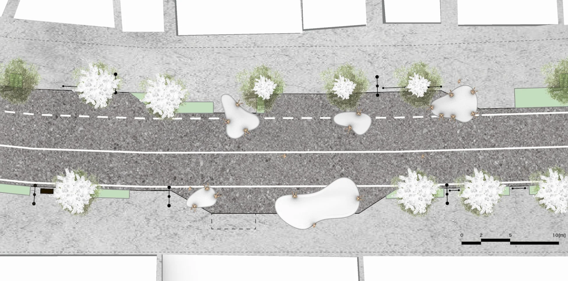上空から見た道路と歩道の景観設計図。道路の両側には街路樹やベンチのような構造物が配置され、緑豊かな都市空間が計画されている様子が示されている。