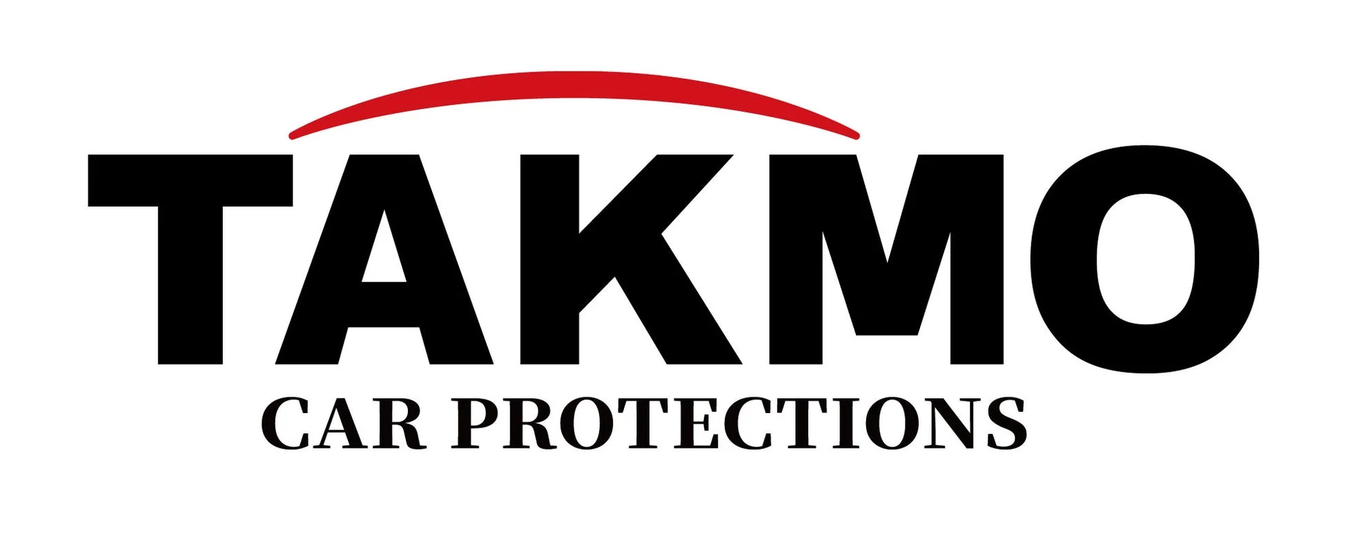 「TAKMO CAR PROTECTIONS」という文字が書かれたロゴ画像です。TAKMOは太字の黒い文字で、その上に赤い曲線が描かれ、下にCAR PROTECTIONSという文字が配置されています。