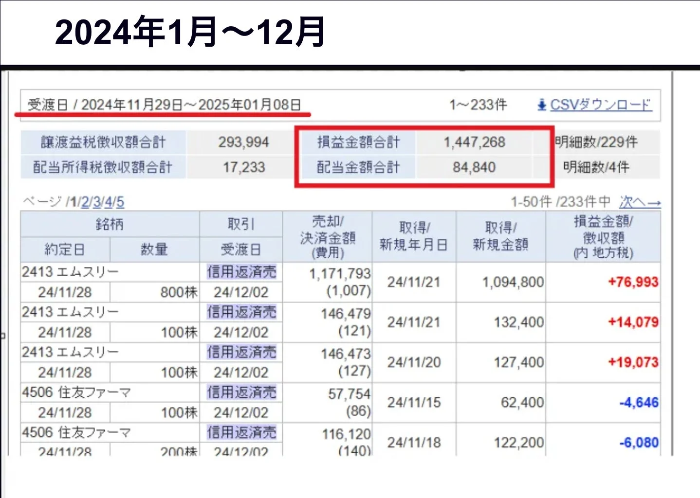 2024年1月～12月の期間における証券取引の損益計算書