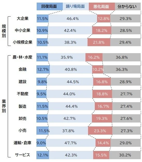 企業規模別および業界別の景況感に関するアンケート結果を示す棒グラフです。景気の見通しを回復、踊り場、悪化、不明の4つの局面で割合別に示しています。