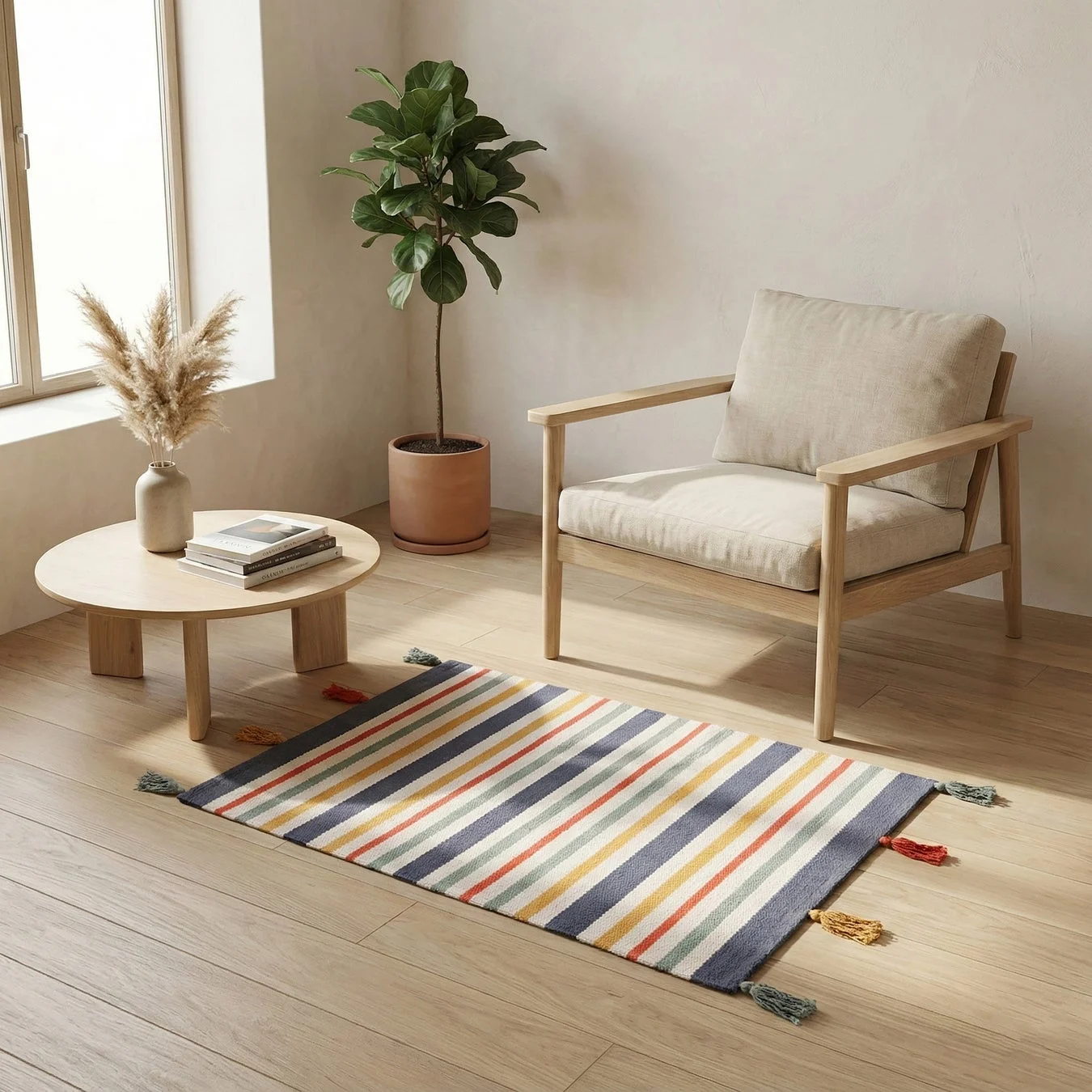 アームチェアとストライプ柄のラグがあるリビング