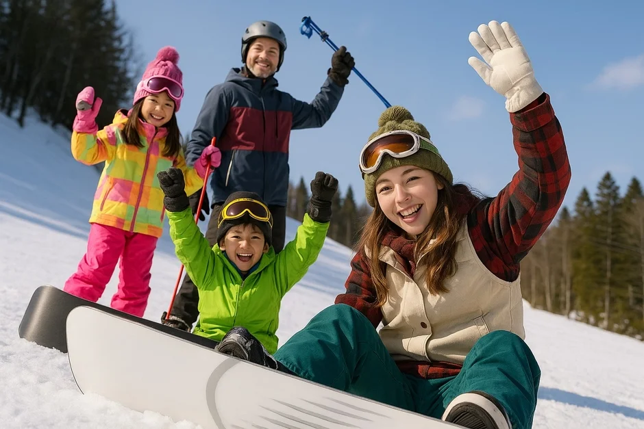 家族でスキーやスノーボードを楽しむ様子