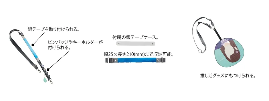 銀テープ、ピンバッジ、キーホルダーを取り付けられるネックストラップと、幅25mm×長さ210mmまでの銀テープを収納できる専用ケースを紹介。