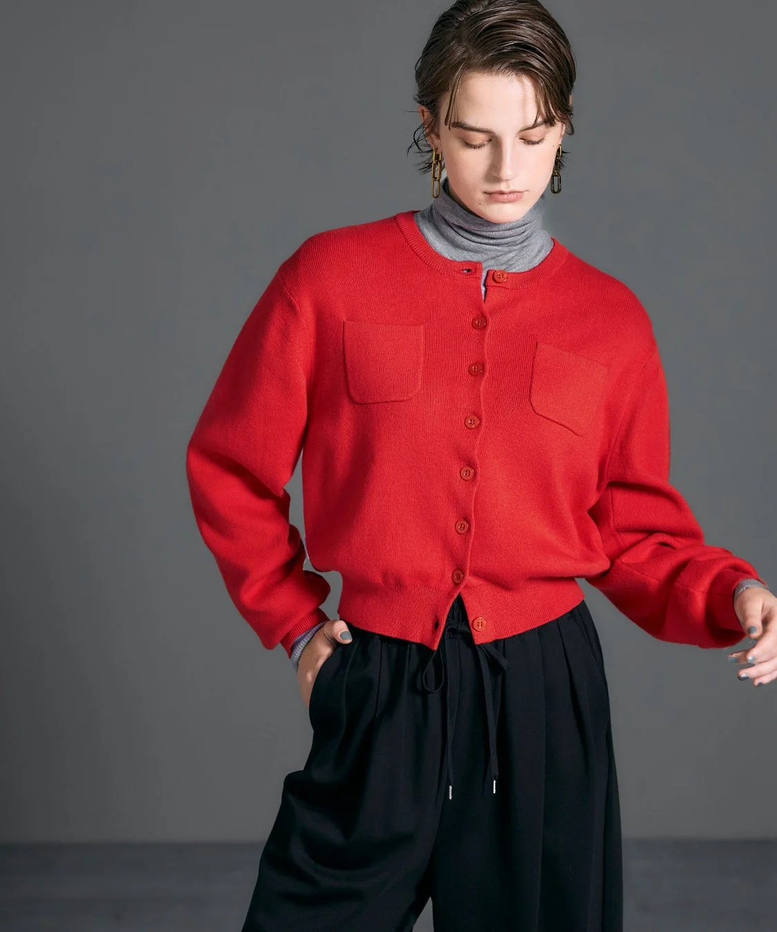 赤のコットンカシミヤニットカーディガン