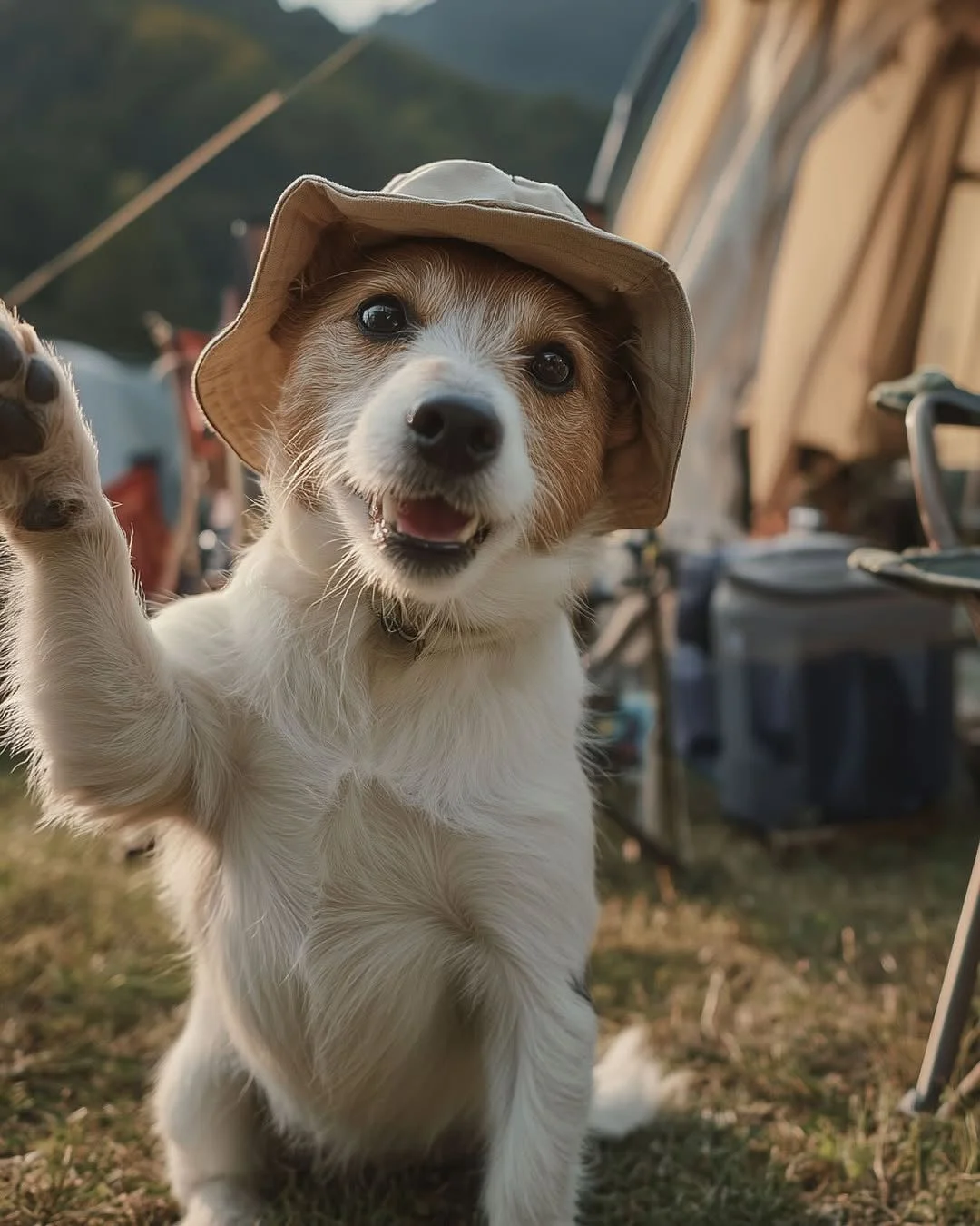 麦わら帽子をかぶった可愛い犬が片手を上げて笑っている。キャンプ場のような自然の中で、楽しそうな表情を見せています。