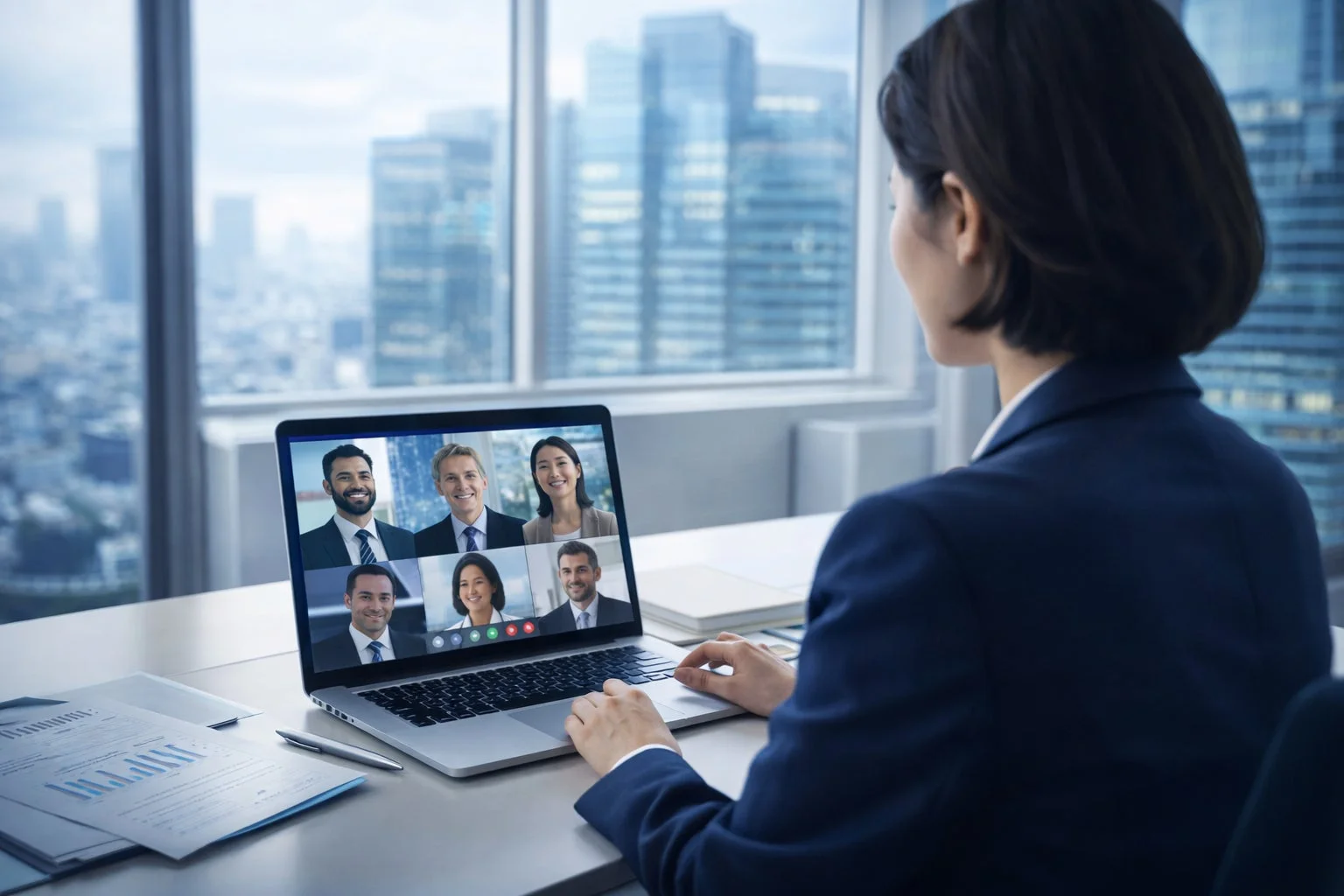 オフィスで働く女性がノートパソコンを使って複数の同僚とオンライン会議をしている様子です。都市の景色が見える窓際で、リモートワークやビジネスコミュニケーションの現代的な働き方を象徴しています。