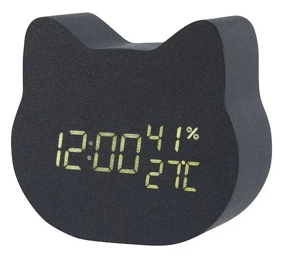 猫の顔の形をした黒いデジタル時計