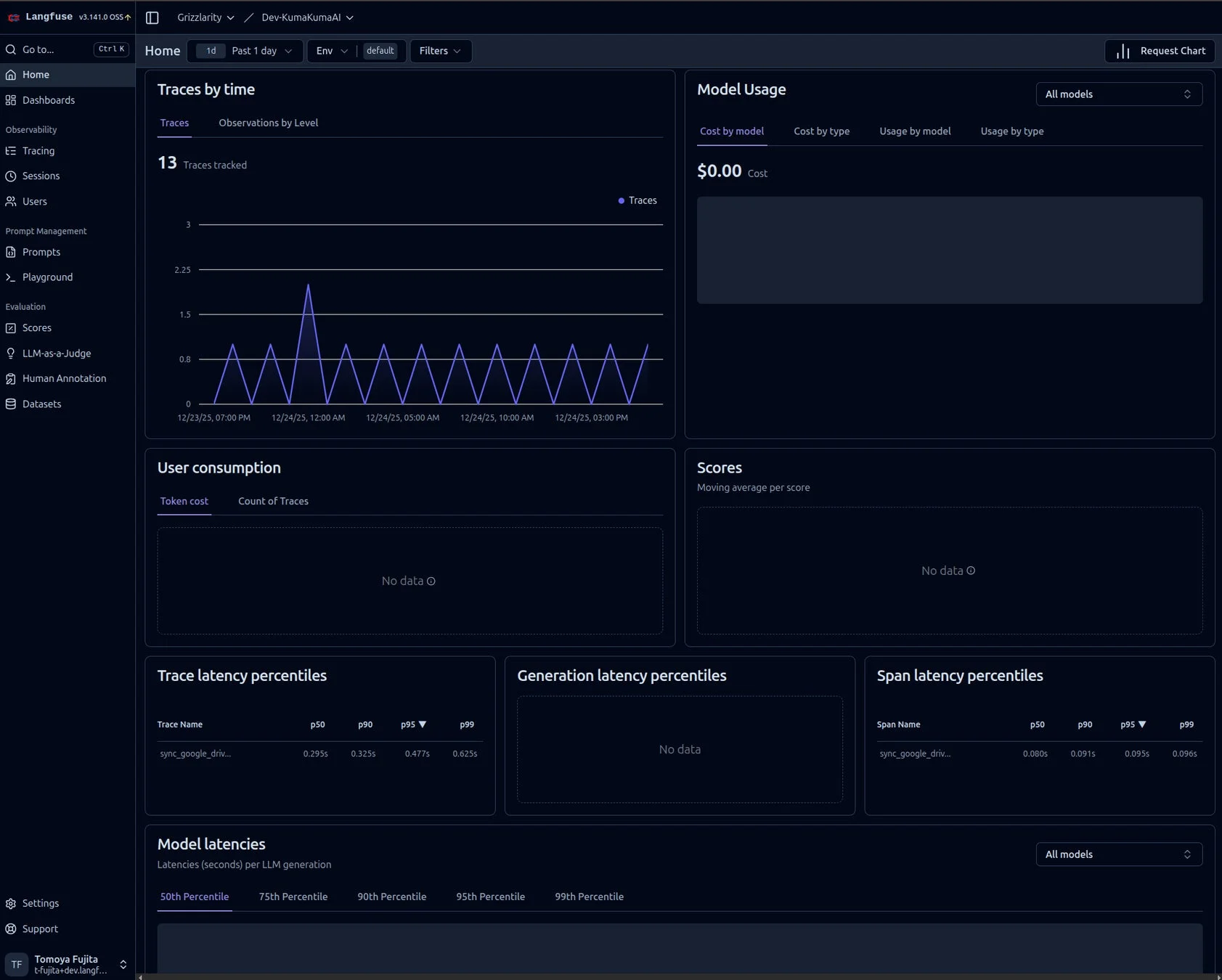 Langfuseのダッシュボード画面