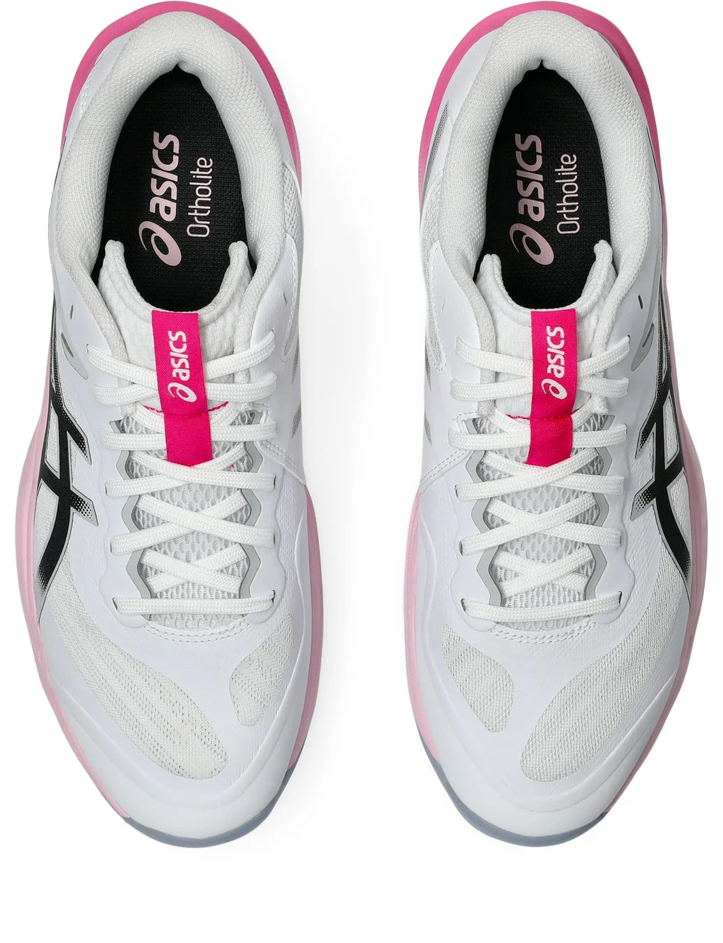 白とピンクのアシックス製スポーツシューズのペアが、上から写された画像です。メッシュ素材と黒いロゴが特徴で、インソールには「Ortholite」の文字が見えます。