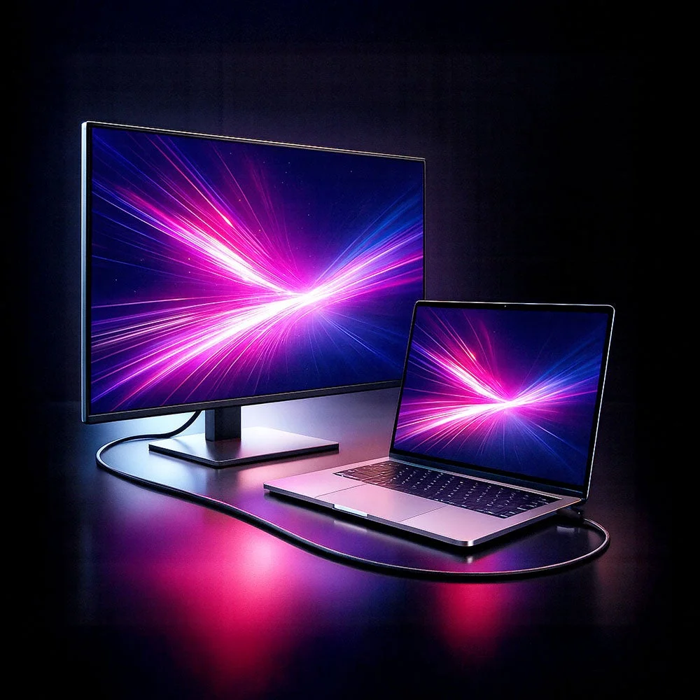 暗い空間に置かれたモニターとノートパソコンが、ピンクとブルーの光が放射状に広がる抽象的な画像を映し出しています