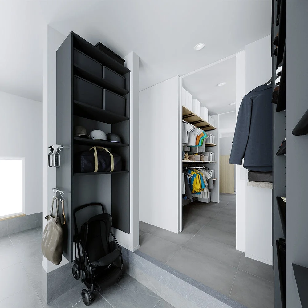 ベビーカーも収納できる広々とした玄関収納