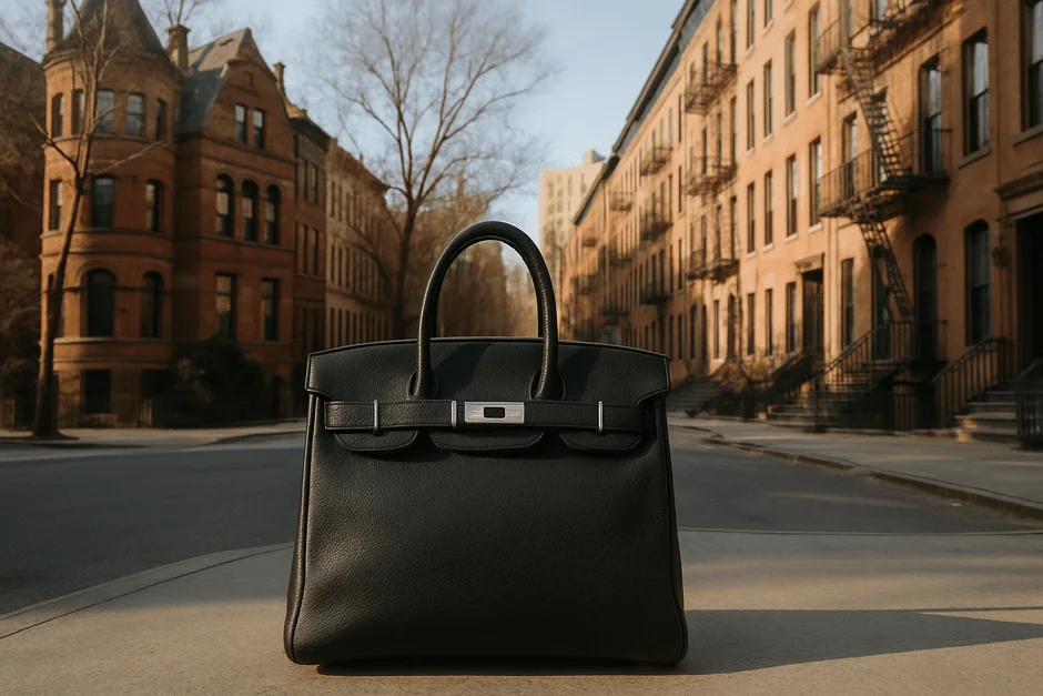 静かな街路に置かれた黒い高級レザーハンドバッグ