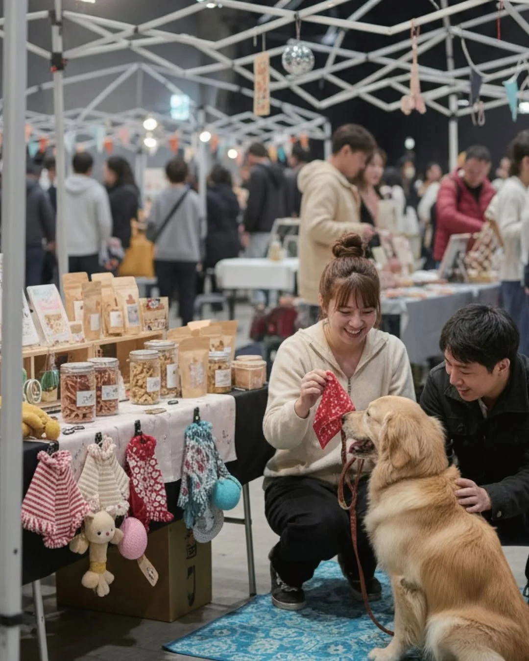 ペット同伴可能なマーケットイベントで、女性がゴールデンレトリバーと触れ合っています