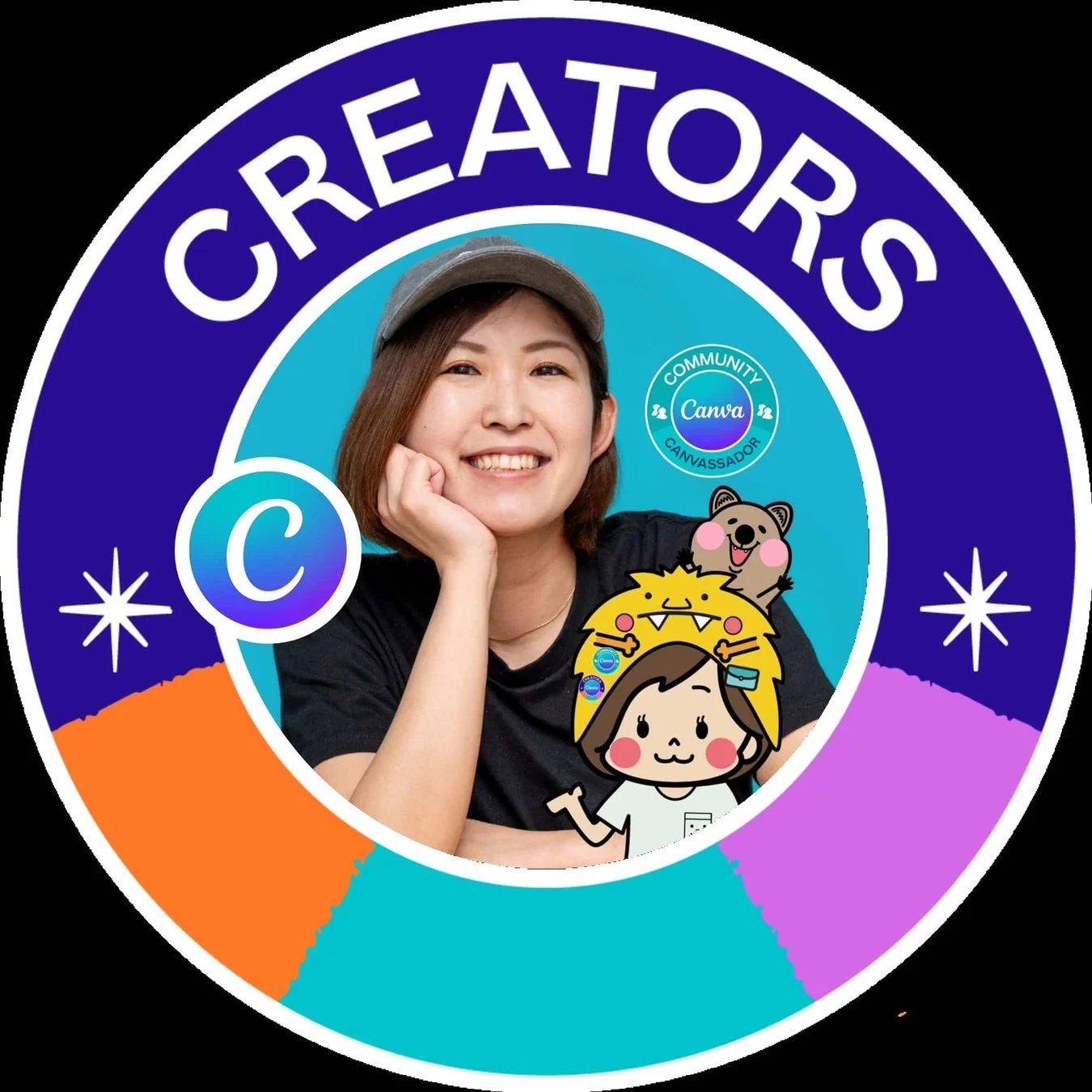 Canvaコミュニティのクリエイターまたはアンバサダーのプロフィールアイコンです。笑顔の女性が中央に配置され、「CREATORS」の文字、Canvaのロゴ、そして可愛らしいキャラクターが特徴的な、カラフルな円形デザインです。