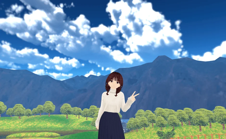 アニメ調の少女が、青い空と白い雲、緑豊かな丘と遠くの山々が広がる美しい自然の中でピースサインをしている様子