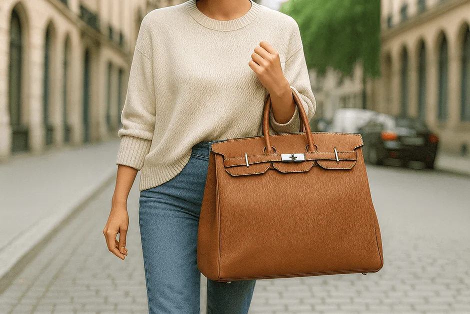 舗装された街路を歩く女性が、大きなブラウンのレザーハンドバッグを持っている