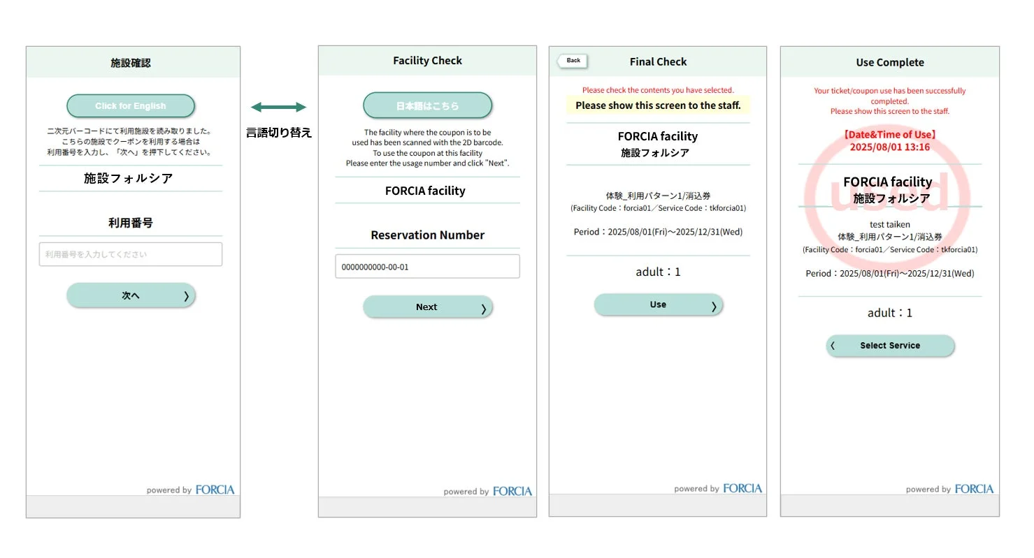 施設利用のためのデジタルチケットまたはクーポンの使用プロセスを示す4つの画面