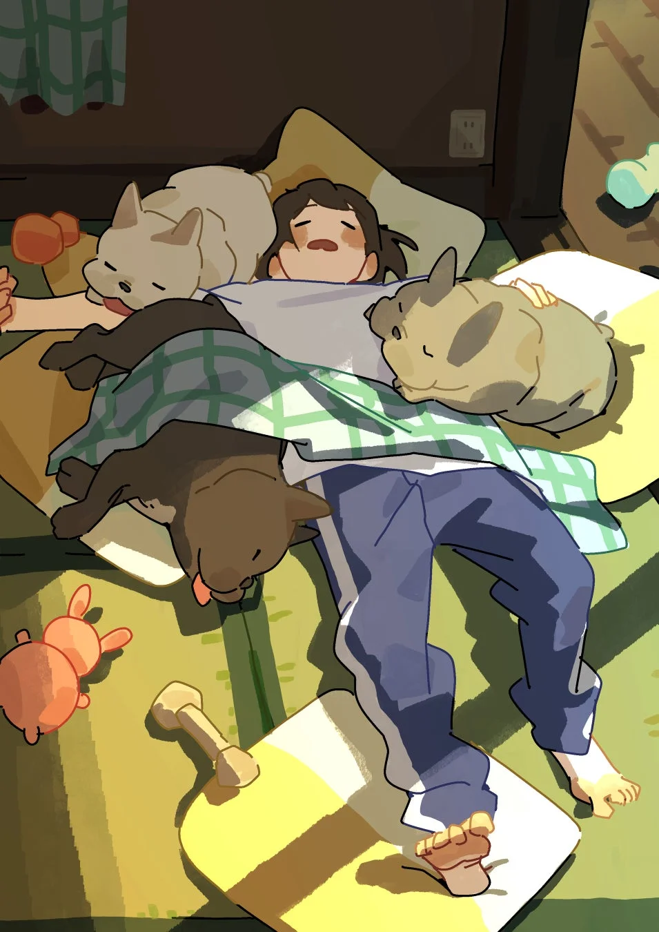 寝ている犬と人物のイラスト