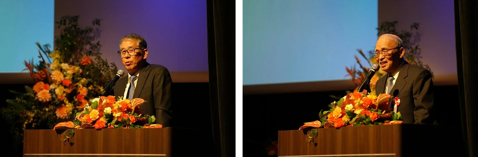 記念パーティーでスピーチを行う東京システムハウスの林知之代表取締役と髙橋勝也相談役名誉会長