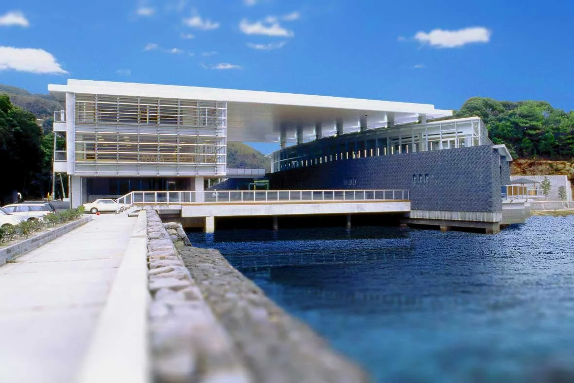 晴れた青空の下、水辺に建つモダンな建築物