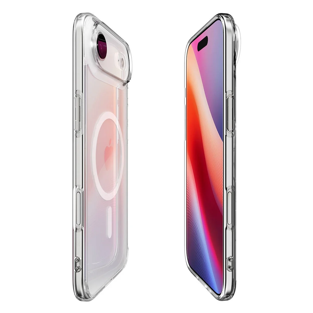 透明なクリアケースに装着された2台のiPhoneが写っています。左側のiPhoneは背面が、右側のiPhoneはディスプレイ側がそれぞれ側面から捉えられており、MagSafe対応のクリアケースの様子がよく分かります。