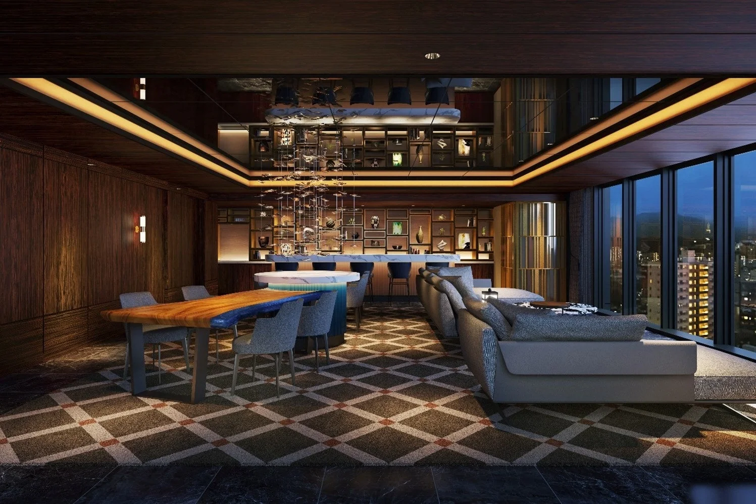 夜景を望むラウンジ