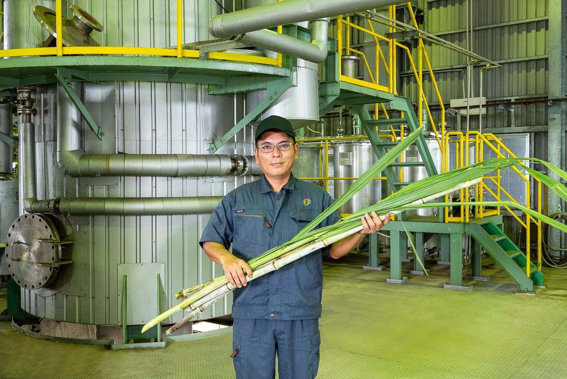 男性、作業員、サトウキビ、工場、工業施設、生産、農業、収穫、プラント、加工、制服、眼鏡、帽子