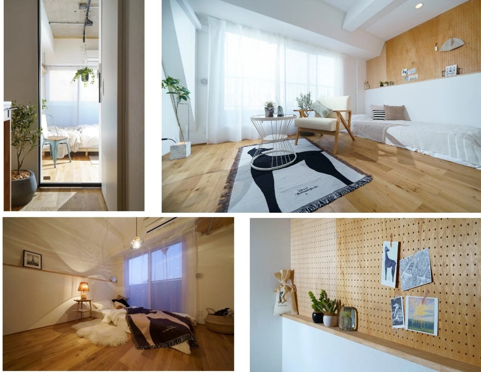 木の床と白い壁を基調とした、明るくナチュラルなインテリアの複数の部屋の様子を捉えた画像集。リビング、寝室、玄関などが含まれ、植物やペグボードを活用したおしゃれな空間デザインが特徴です。
