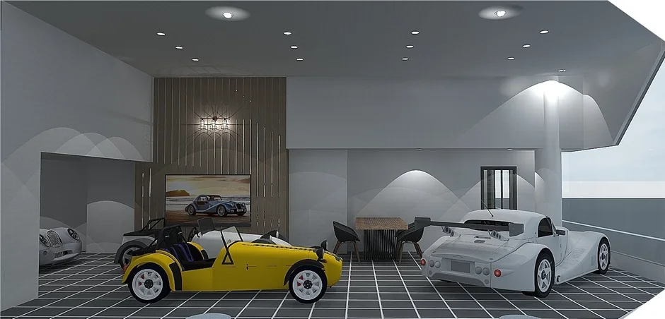 モダンで広々としたガレージまたはショールーム