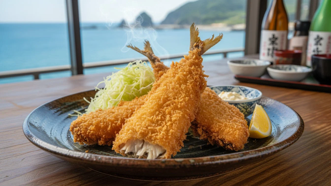 窓から美しい海が見えるレストランで提供されている、揚げたての魚フライの盛り合わせ。