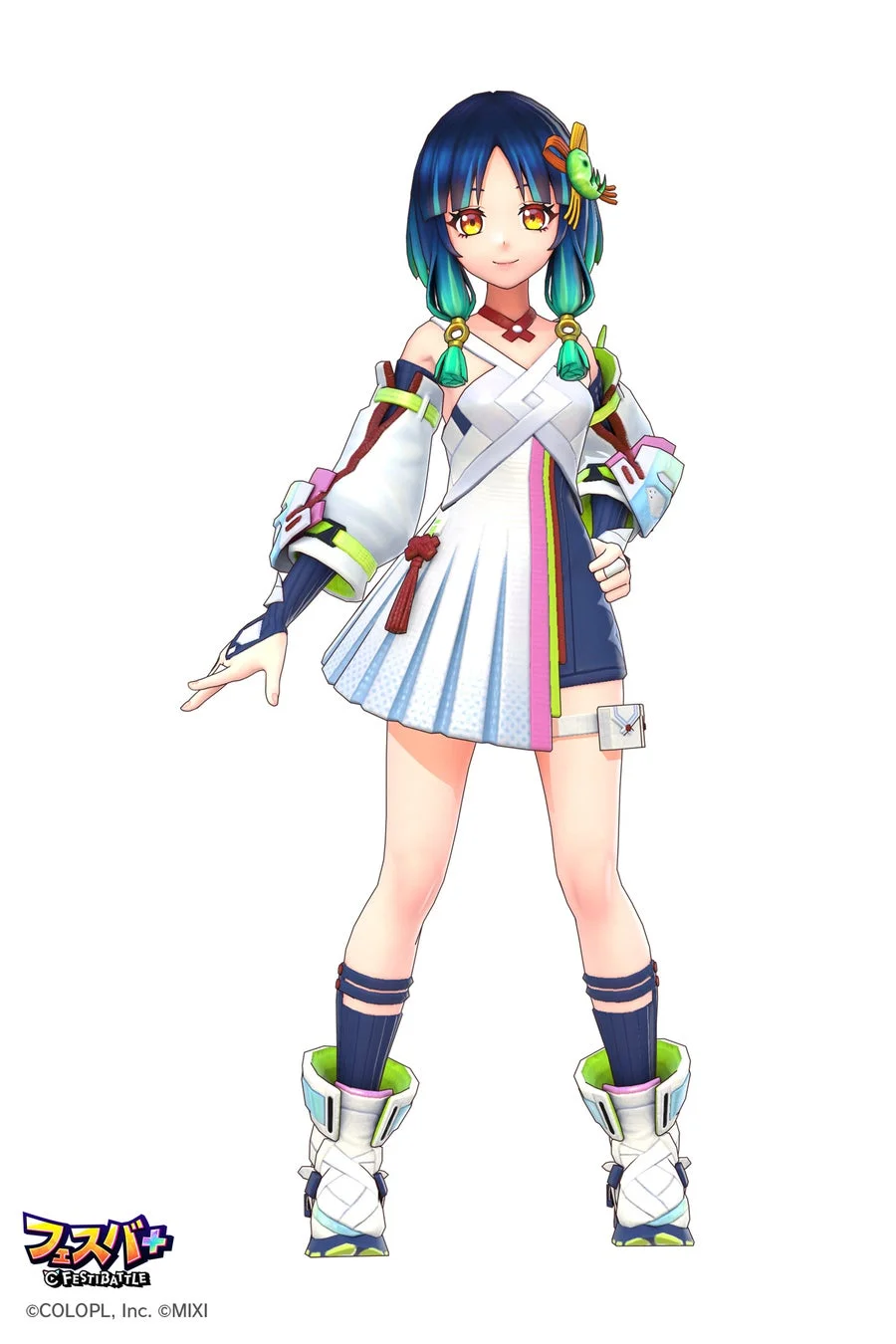 青緑色の髪と黄色い目を持つ可愛らしいアニメ少女が、カラフルで未来的な衣装を身につけて立っている全身イラストです。白い背景をバックに、優しく微笑んでいます。
