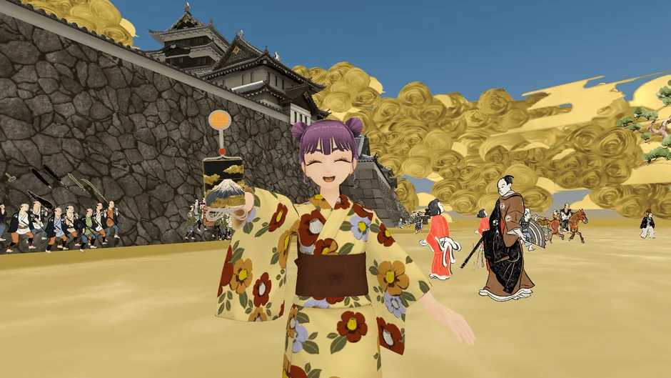 アニメ風のキャラクターが、日本の城や浮世絵風の人々が描かれたバーチャルな空間で、笑顔で浴衣を着て富士山の飾り物を持っている様子。伝統的な要素と現代的な要素が融合した、明るい雰囲気の画像です。