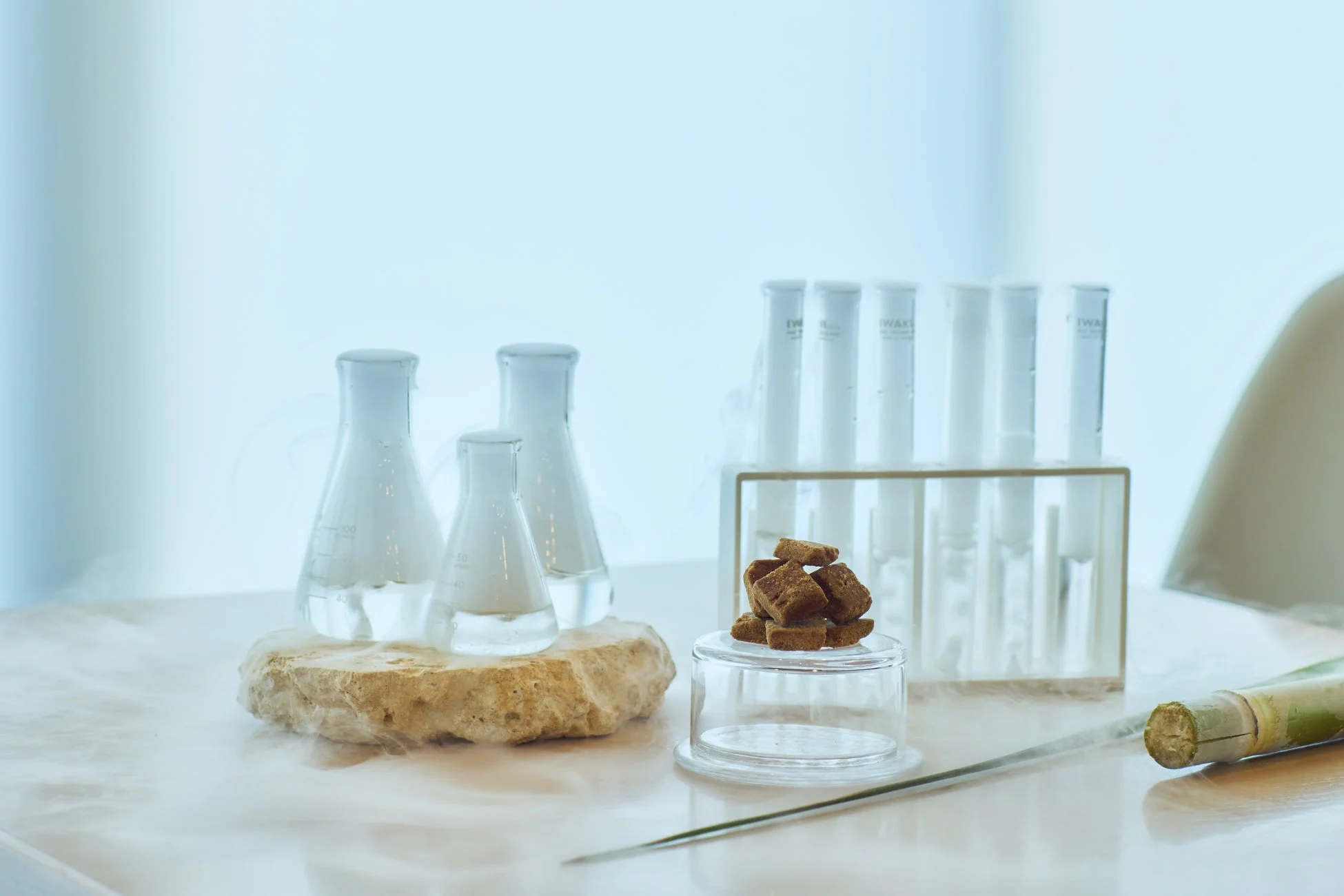 実験的料理、分子ガストロノミー、デザート、フラスコ、試験管、ドライアイス、煙、砂糖、サトウキビ、モダン、プレゼンテーション、飲食、クリエイティブ、科学