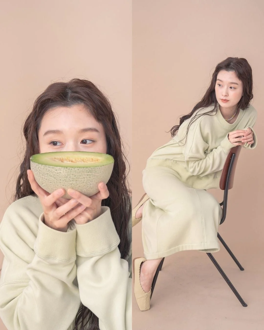 メロンの皮で染めたスウェットとスカートの女性