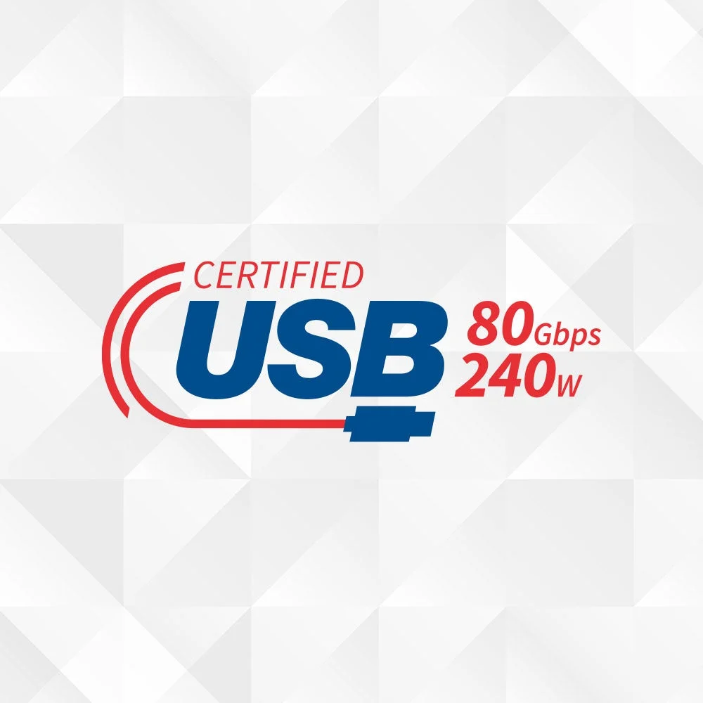USBの認証ロゴと、80Gbpsのデータ転送速度および240Wの電力供給能力を示す情報がデザインされた画像