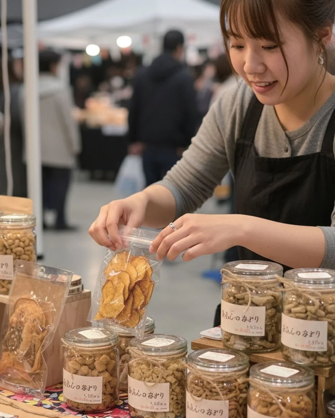 市場の屋台で、笑顔の若い女性が「あんしんのおやつり」と書かれたスナック菓子を袋に詰めています