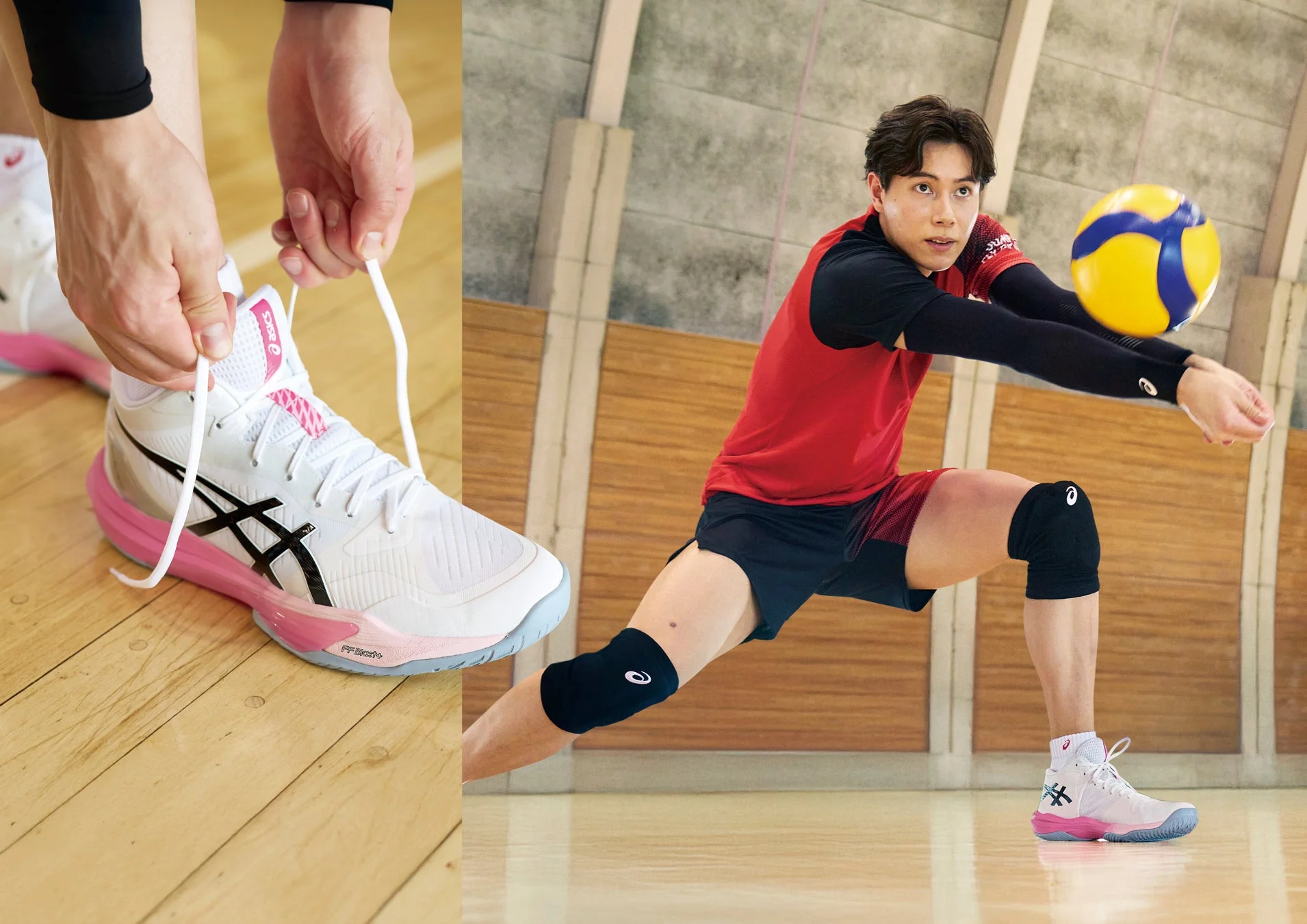 バレーボールシューズの靴ひもを結ぶ手元と、体育館でレシーブする男性バレーボール選手の姿を捉えた一枚。躍動感と準備の様子が対照的に描かれています。