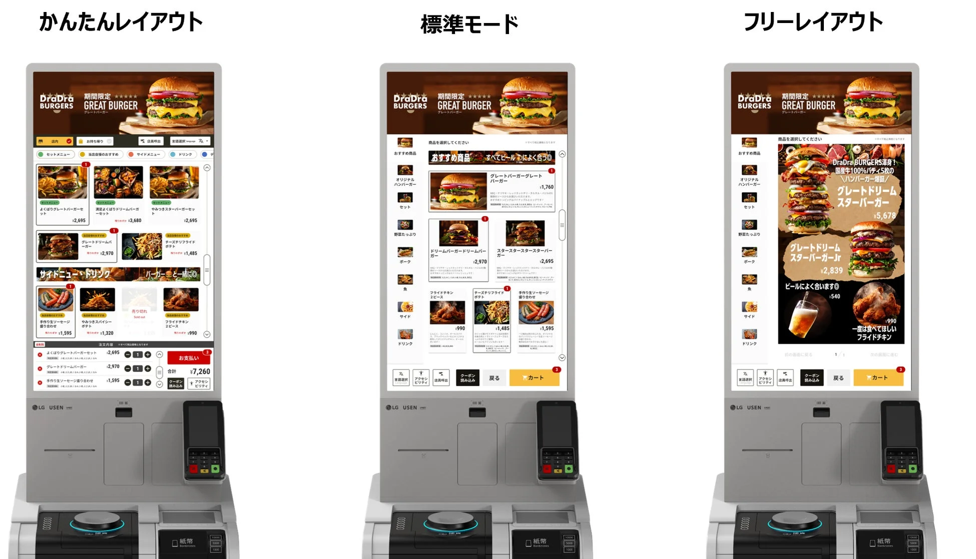 DraDra BURGERSのセルフオーダーキオスク端末の3種類の画面レイアウト