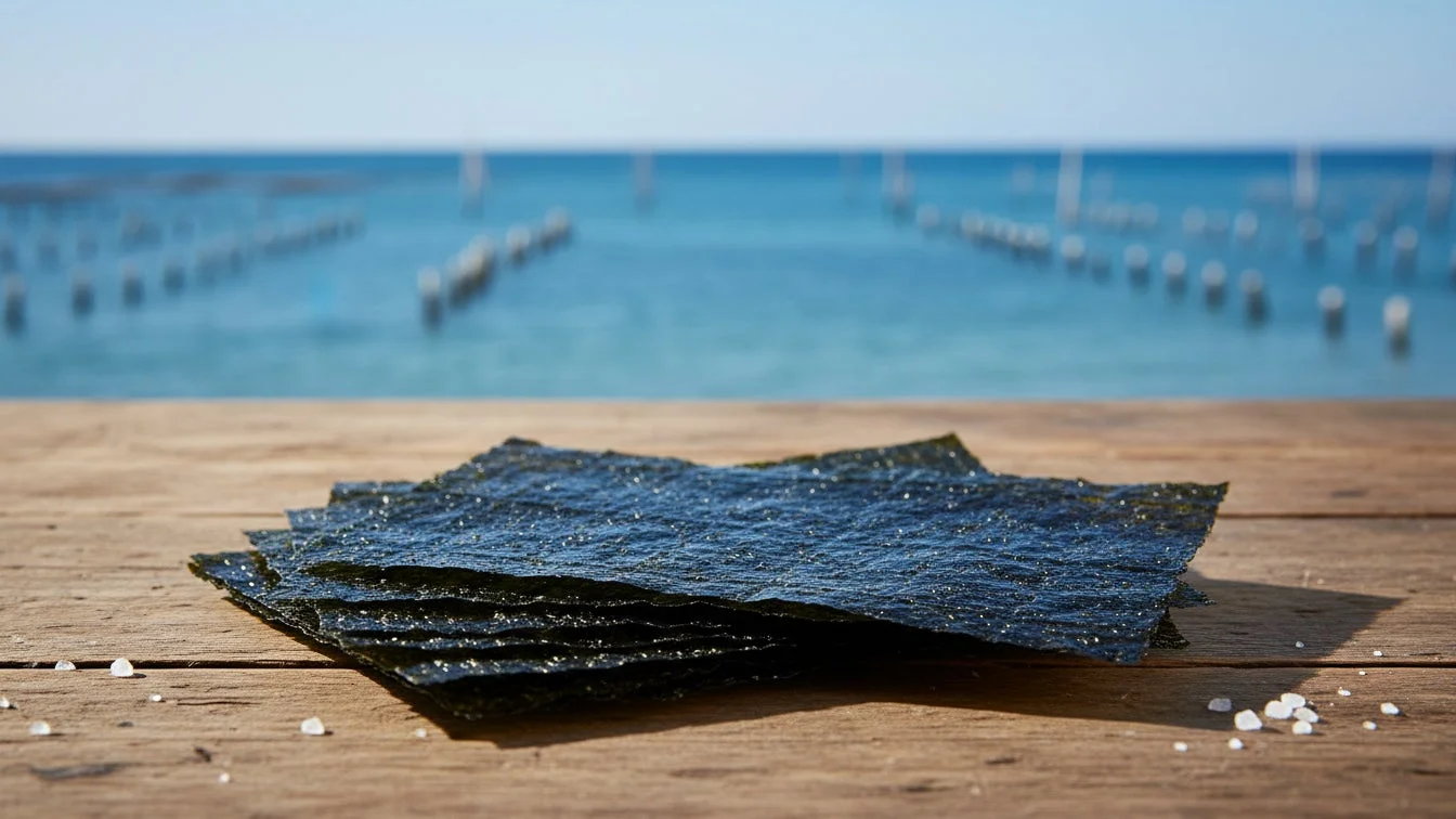 木製のテーブルに重ねられた乾燥海苔が置かれており、背景には養殖施設が点在する青い海が広がっています。