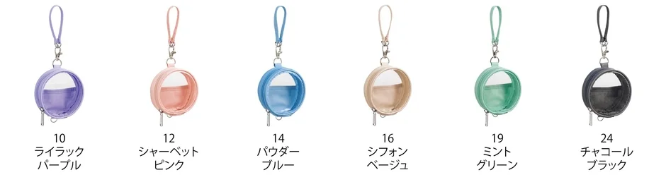 丸い透明窓付きのストラップ付きポーチが6色展開で紹介されています。