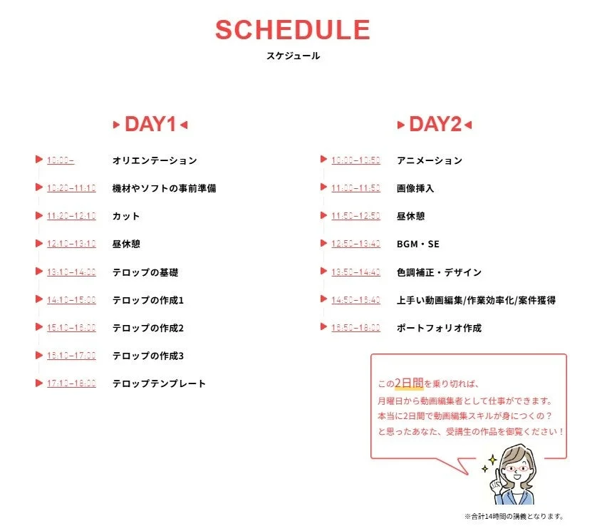 2日間で動画編集スキルを習得する講座のスケジュール