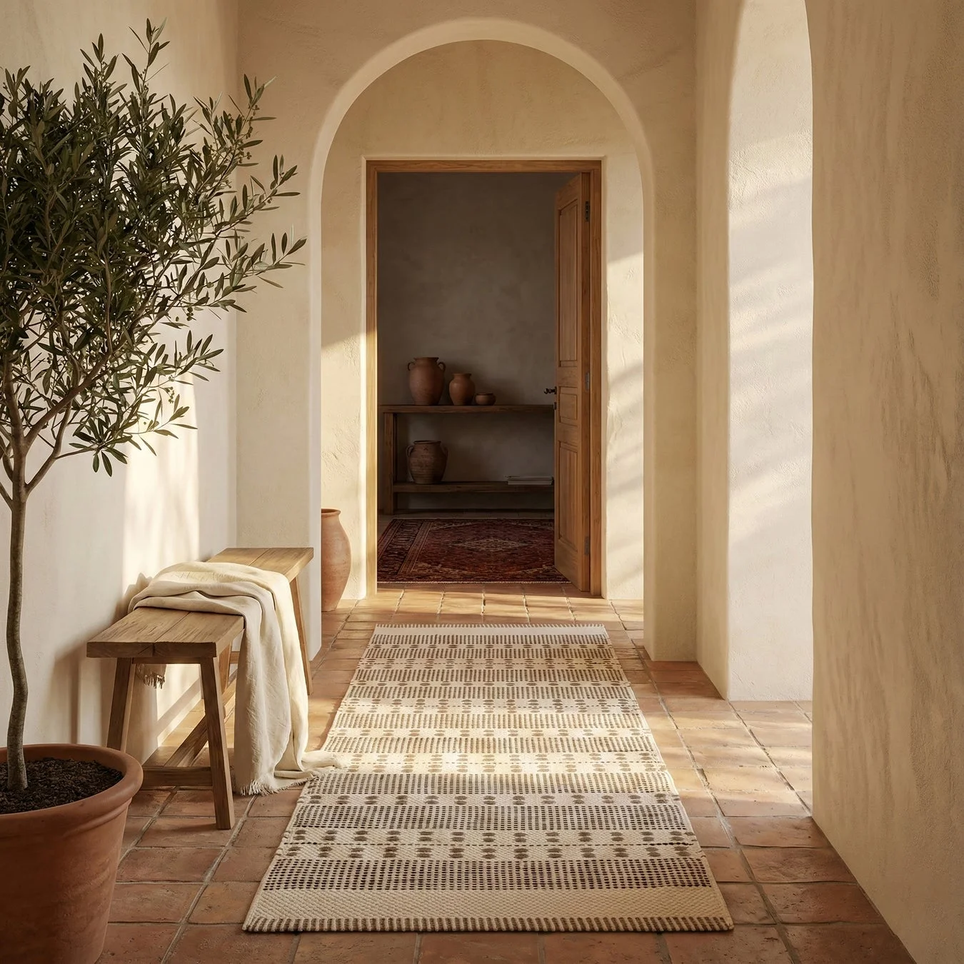 オリーブの木と模様入りラグがある地中海風の廊下