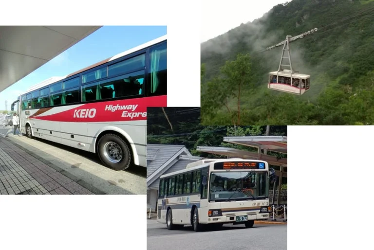 京王の高速バスと伊豆バス、そして山間を行くロープウェイのゴンドラが写っています。様々な交通手段と自然の風景が融合した、旅の情景を捉えた画像です。
