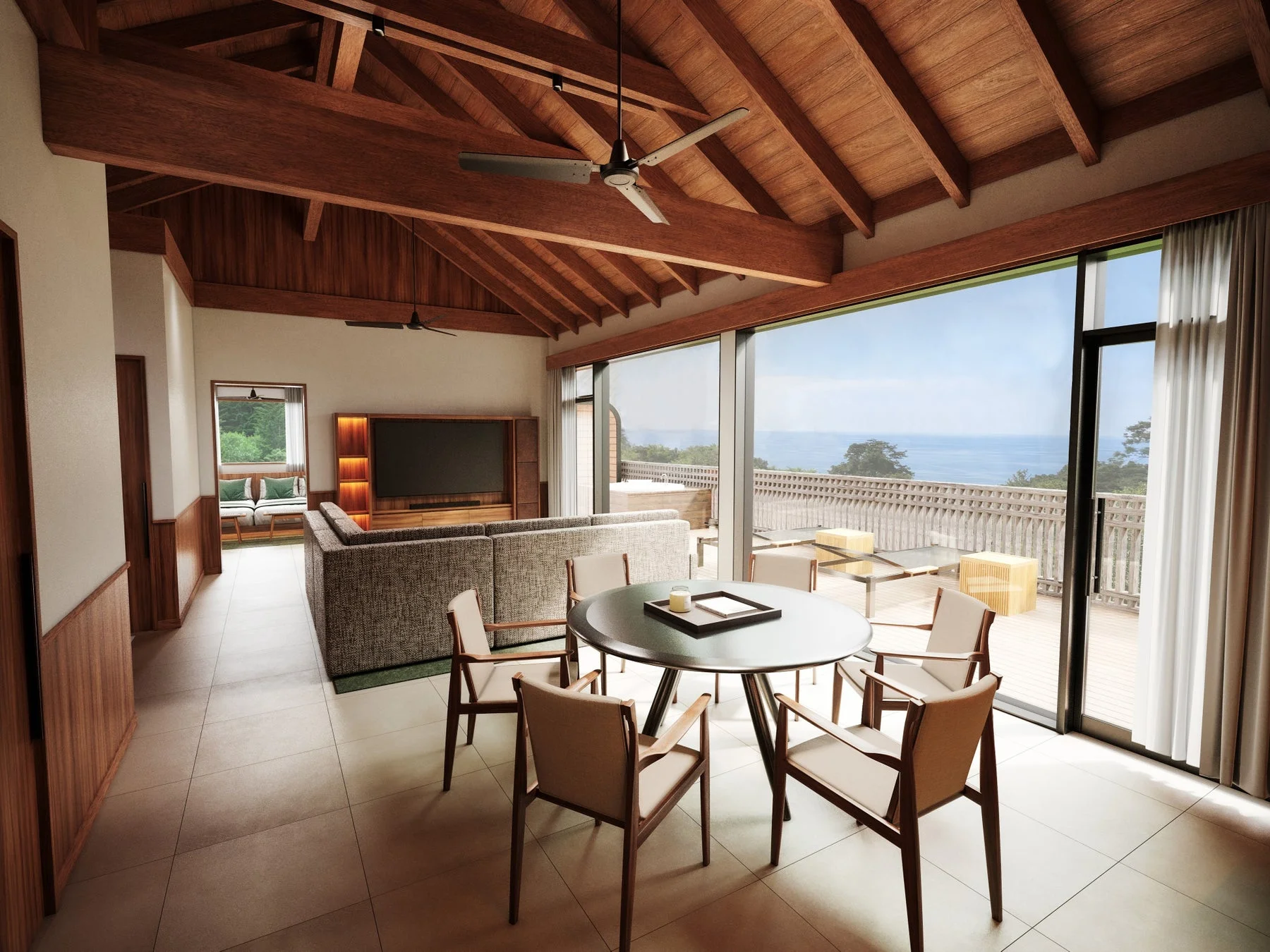 広々としたリビングダイニングルームで、木製の天井が特徴的